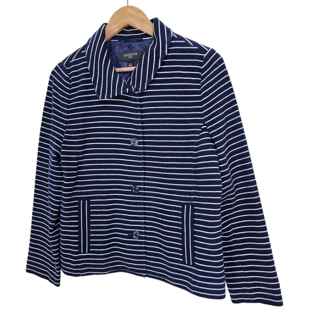 Talbots Cotton Blend Striped 3 Button Down Casual Blazer Navy White Size LP